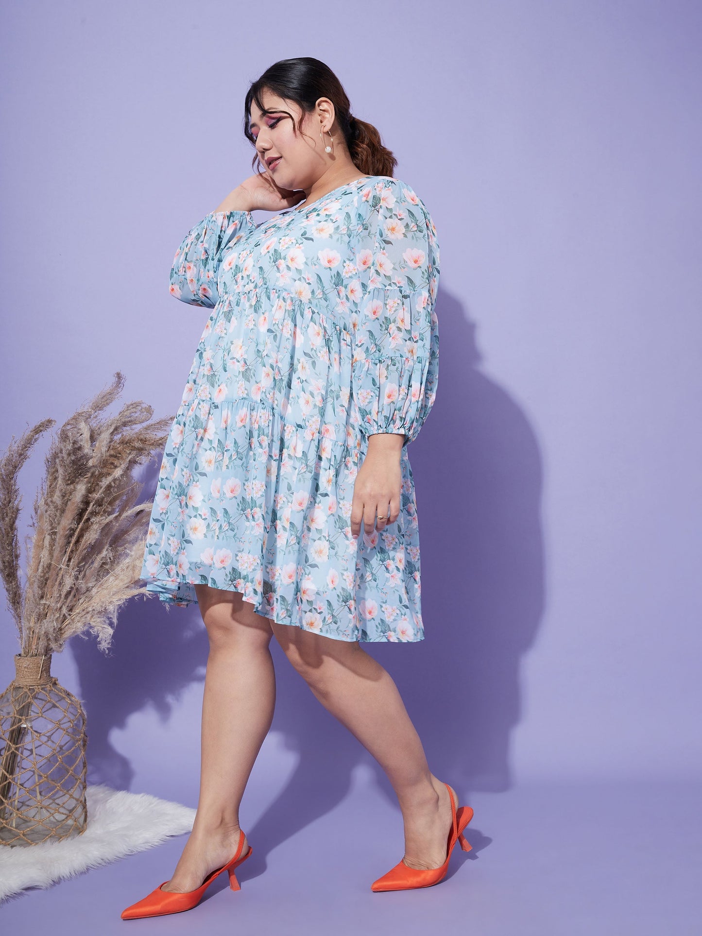 Turquoise Blue Floral Tiered Dress