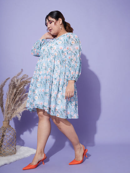 Turquoise Blue Floral Tiered Dress
