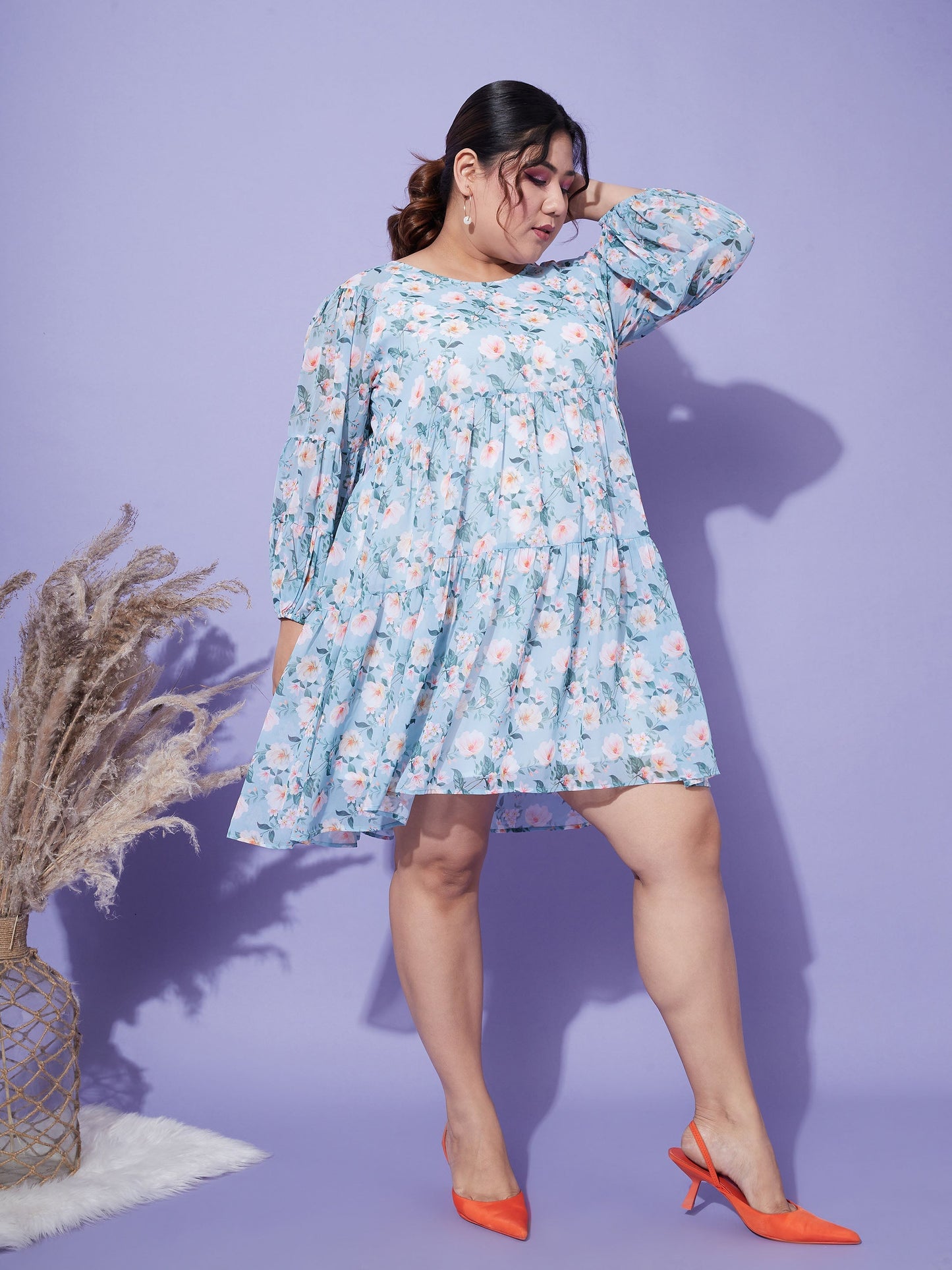 Turquoise Blue Floral Tiered Dress