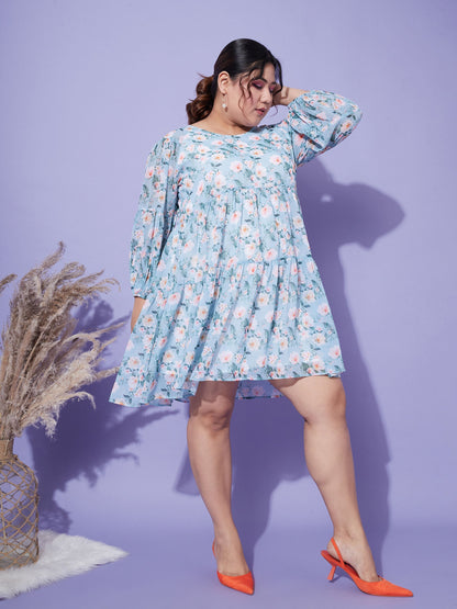 Turquoise Blue Floral Tiered Dress
