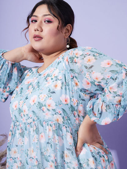 Turquoise Blue Floral Tiered Dress
