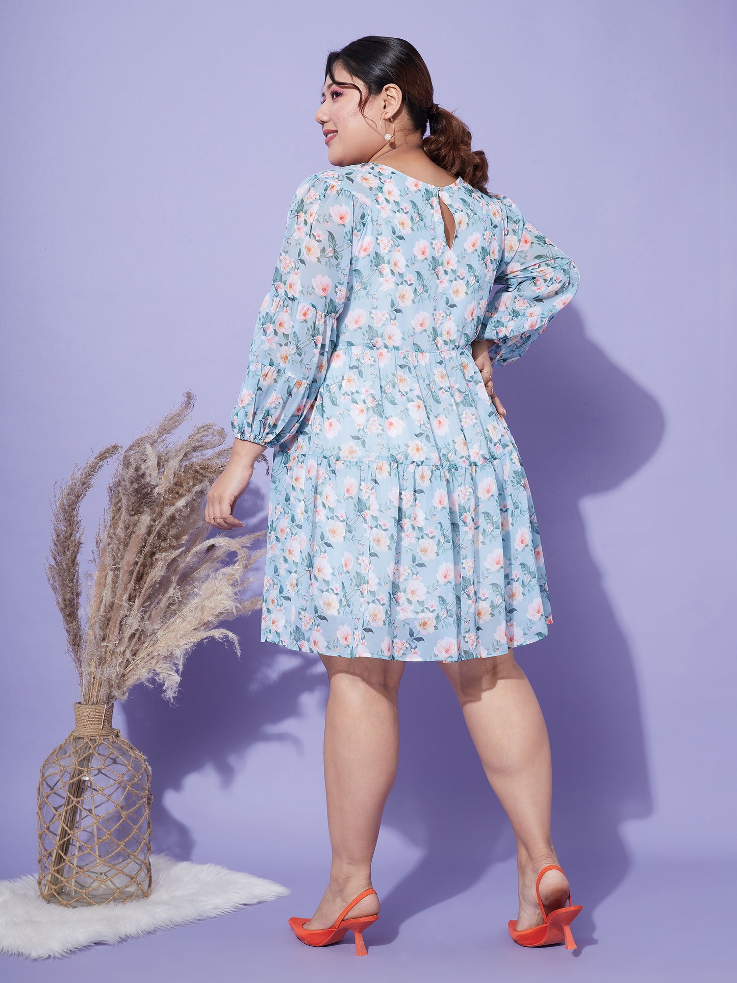 Turquoise Blue Floral Tiered Dress