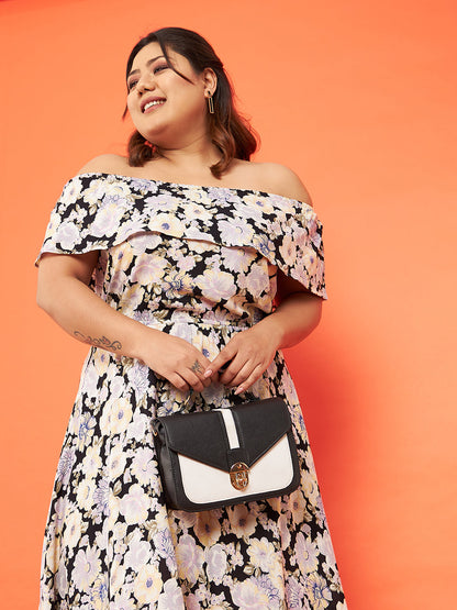 Plus size women's Black Rayon Black Floral Bardot Layered A-Line Midi Dress by Sassafras Curve for wholesale buyers, boutiques, resellers and bulk