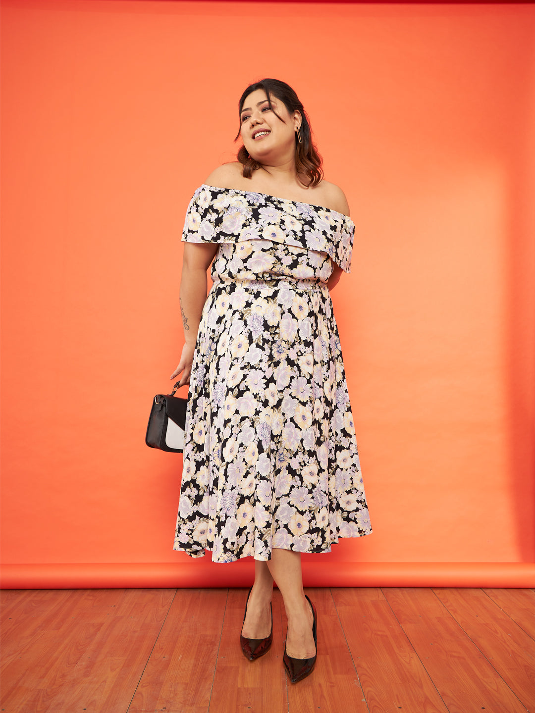Black Floral Bardot Layered A-Line Midi Dress-SASSAFRAS Curve
