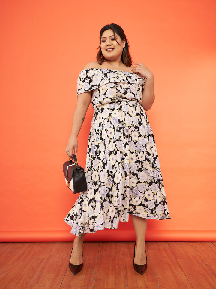 Black Floral Bardot Layered A-Line Midi Dress-SASSAFRAS Curve