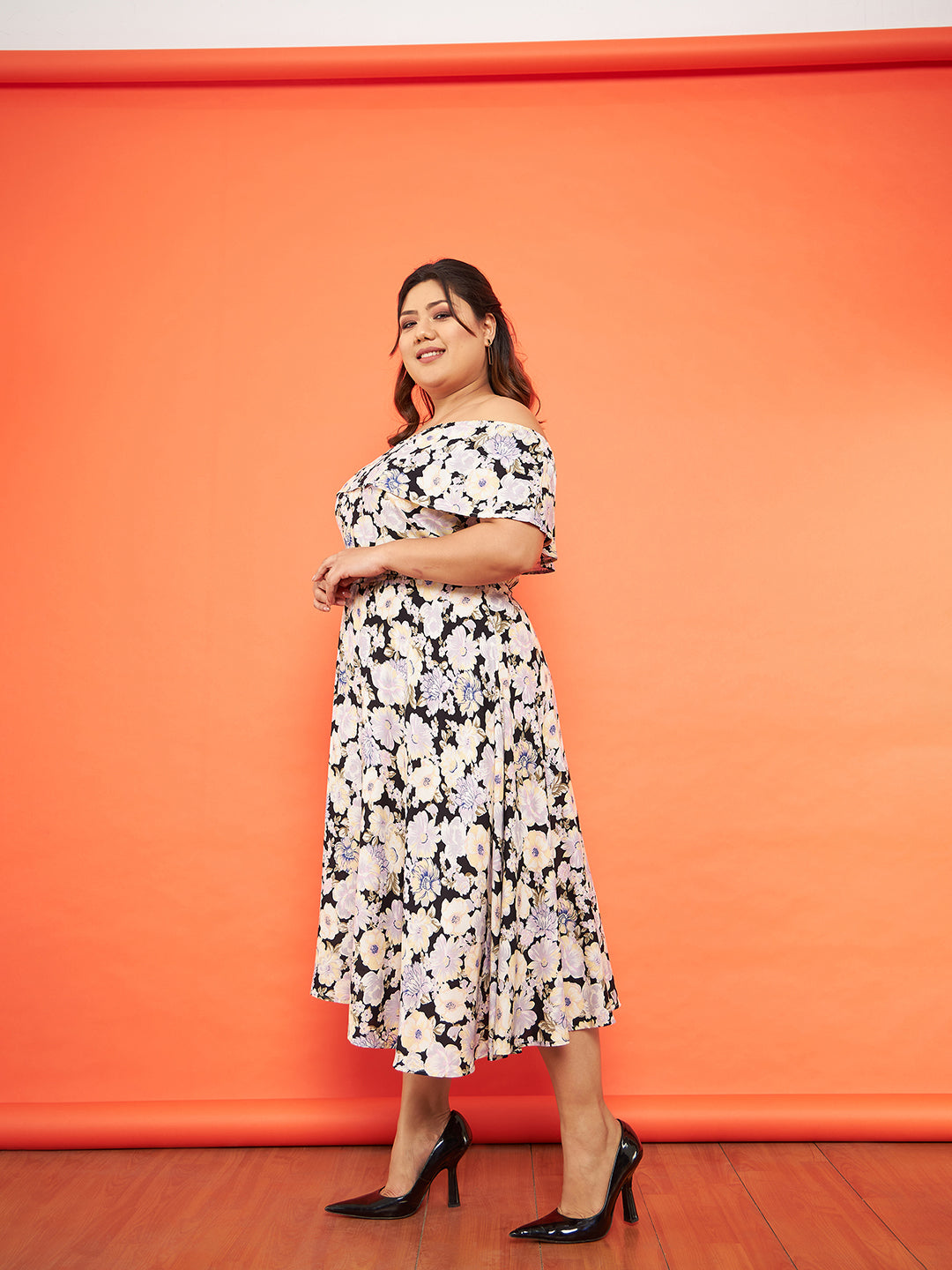 Black Floral Bardot Layered A-Line Midi Dress-SASSAFRAS Curve