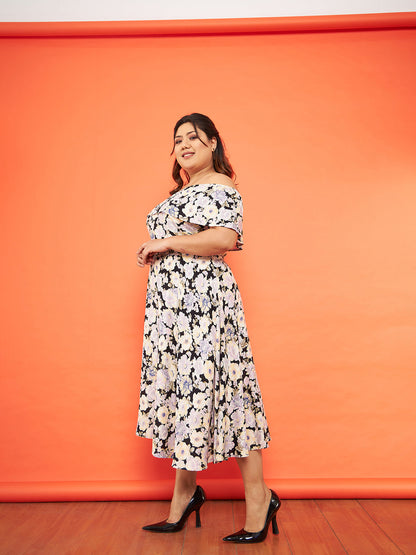 Black Floral Bardot Layered A-Line Midi Dress-SASSAFRAS Curve