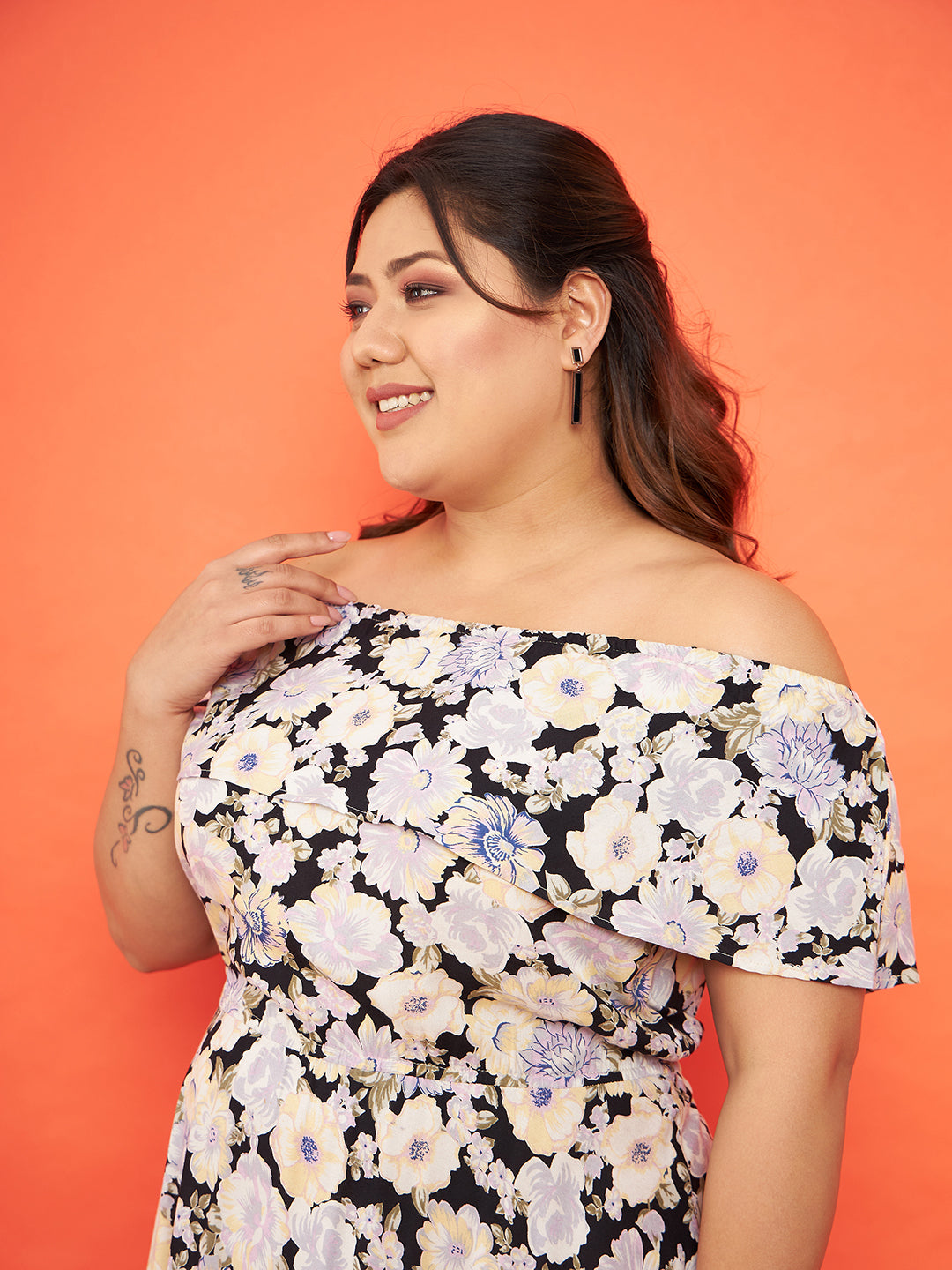 Black Floral Bardot Layered A-Line Midi Dress-SASSAFRAS Curve