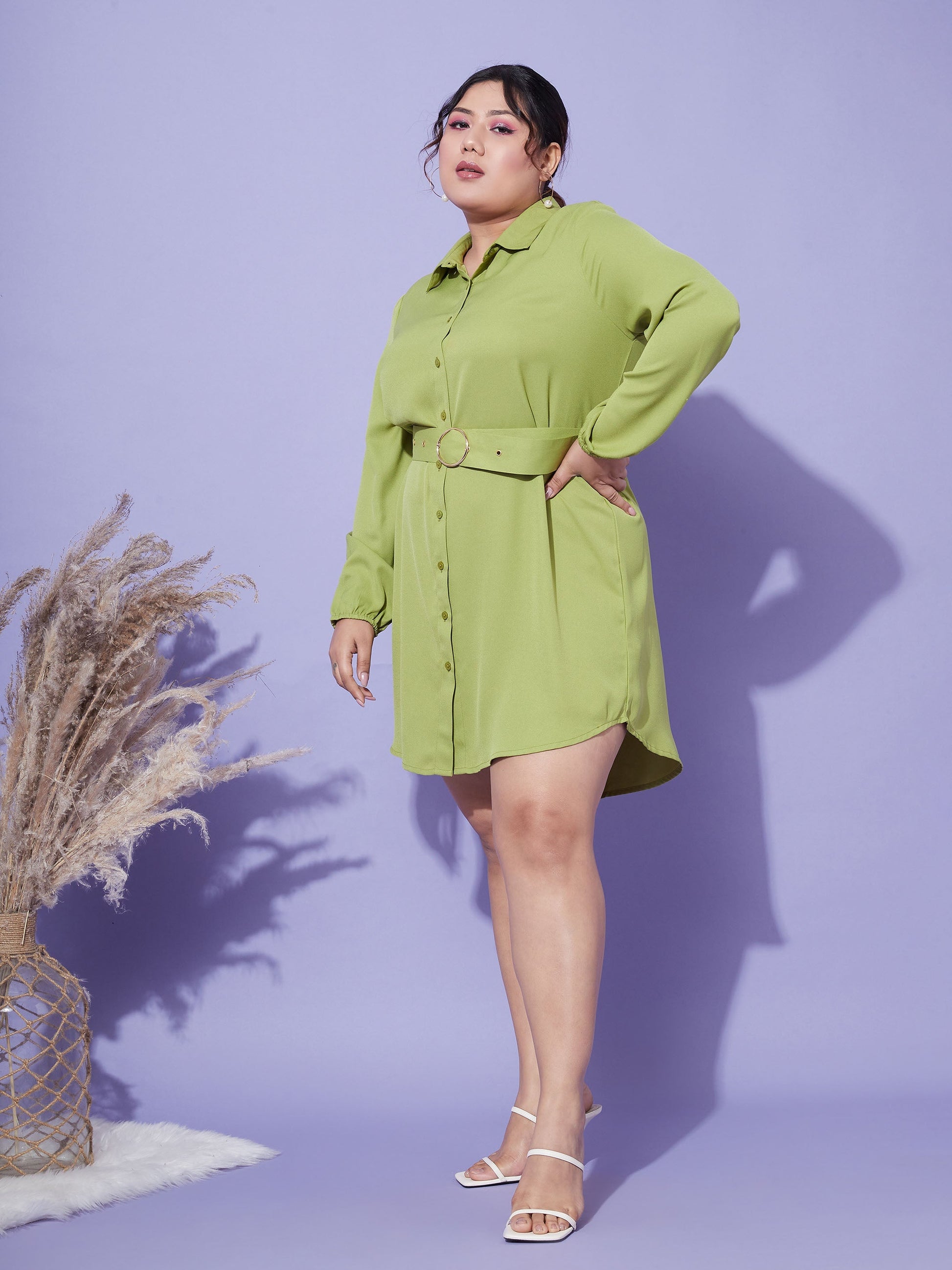 Green Front Open Button Shirt Dress-SASSAFRAS Curve