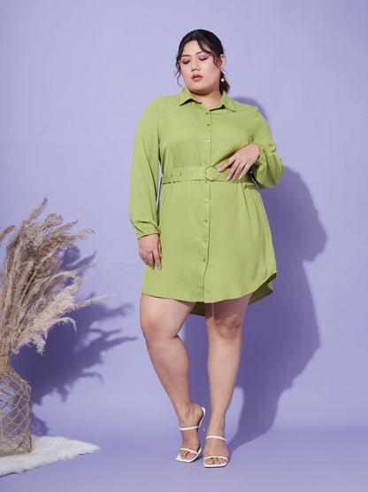 Green Front Open Button Shirt Dress-SASSAFRAS Curve
