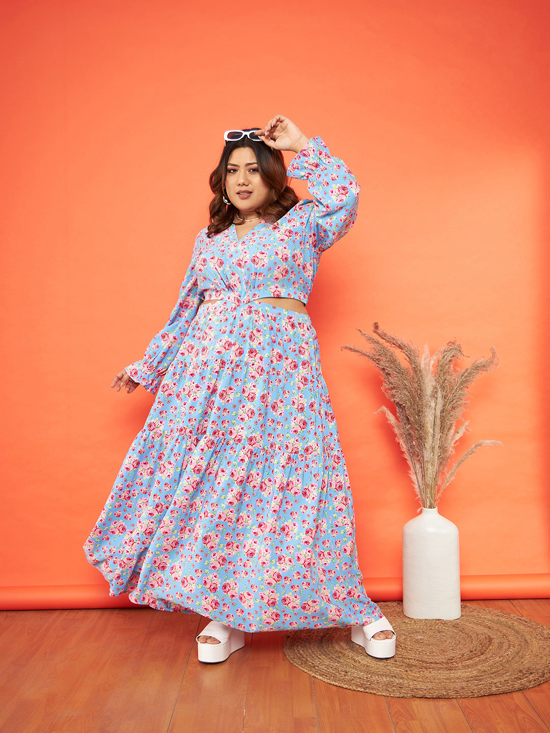 Blue Floral Waist Cut-Out Maxi Dress-SASSAFRAS Curve