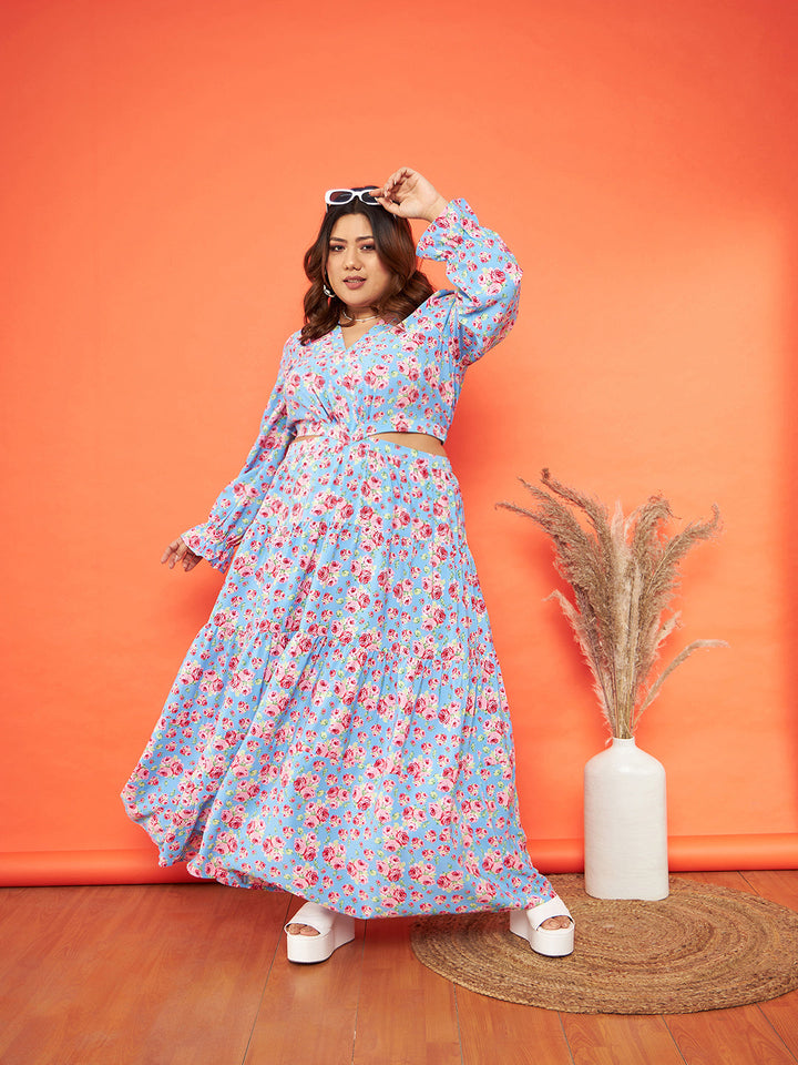 Blue Floral Waist Cut-Out Maxi Dress-SASSAFRAS Curve