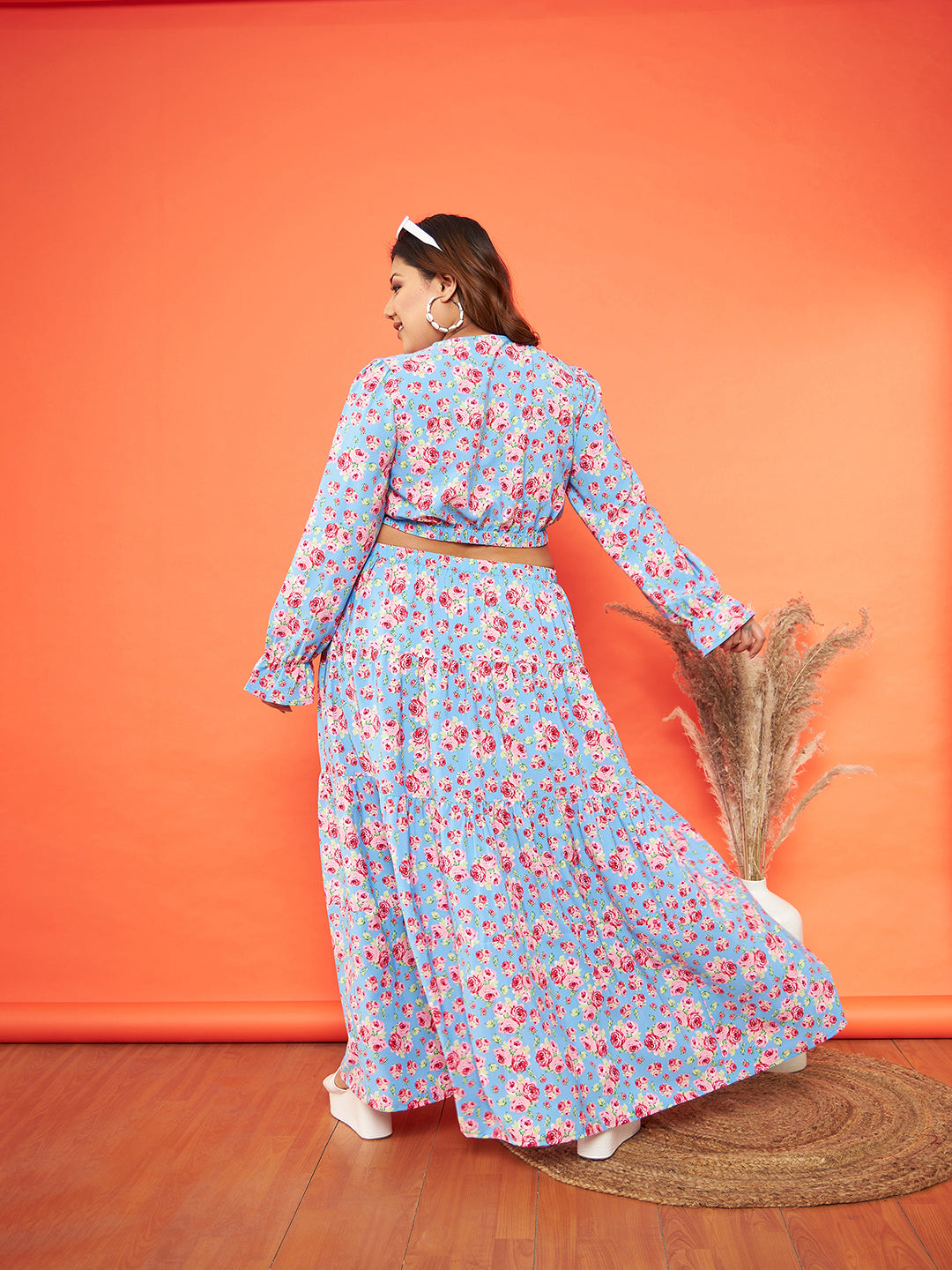 Blue Floral Waist Cut-Out Maxi Dress-SASSAFRAS Curve