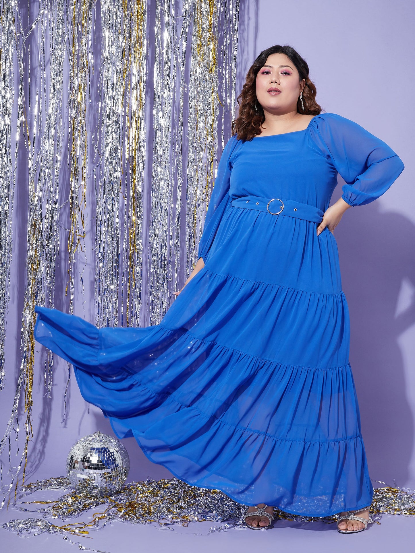 Plus size women's Blue Georgette Blue Off Shoulder Tiered Maxi Dress by Sassafras Curve for wholesale buyers, boutiques, resellers and bulk orders