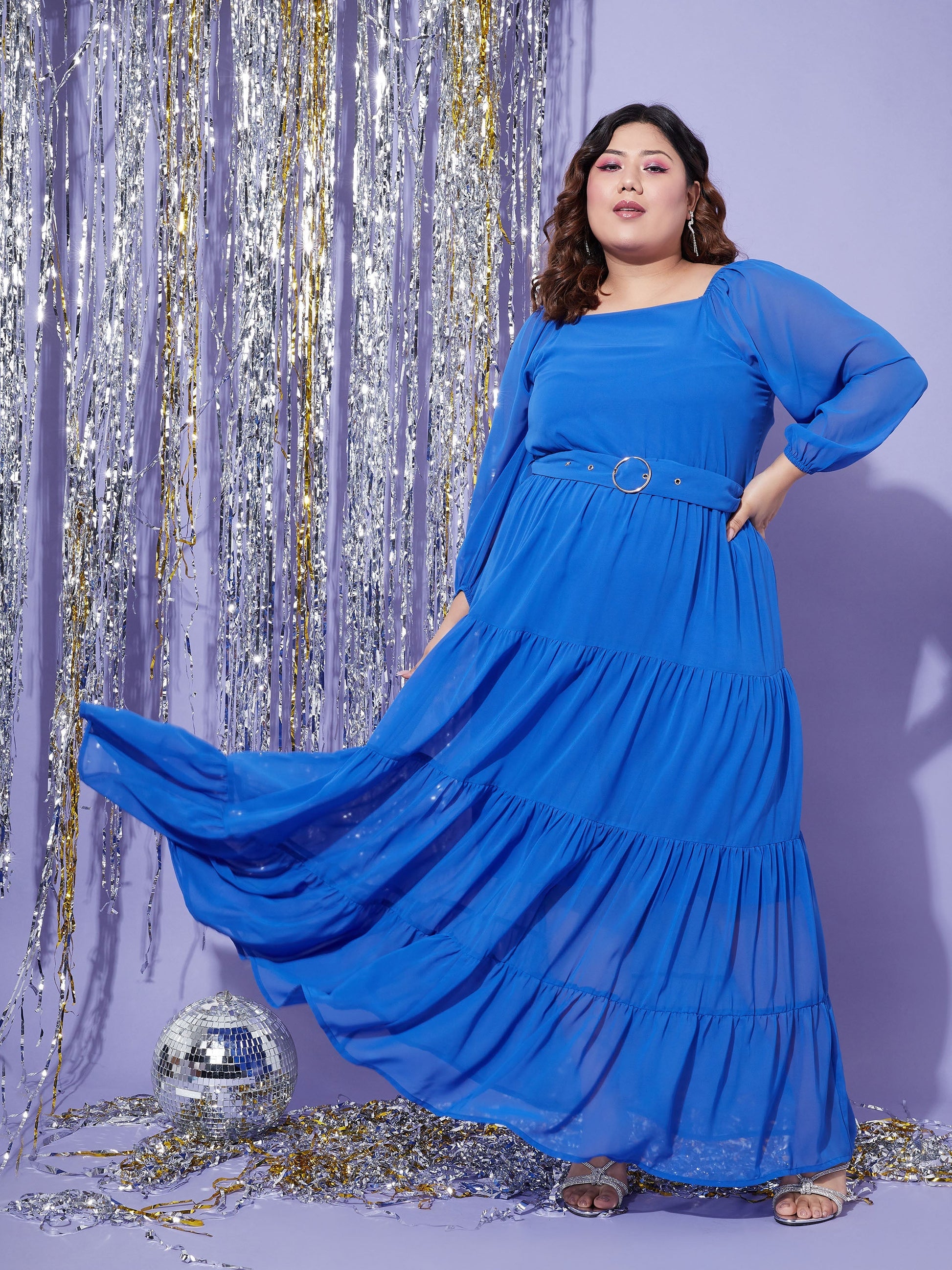 Plus size women's Blue Georgette Blue Off Shoulder Tiered Maxi Dress by Sassafras Curve for wholesale buyers, boutiques, resellers and bulk orders