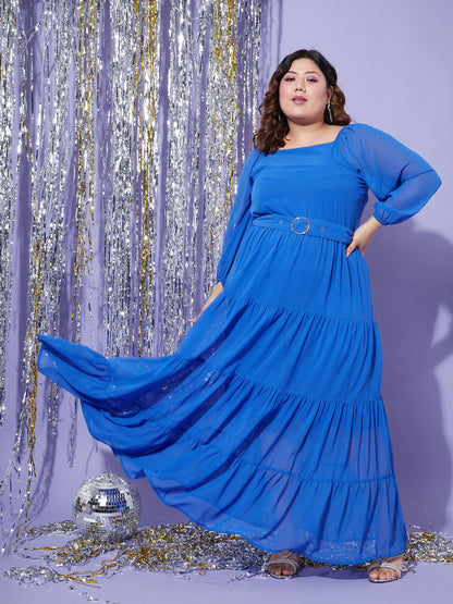 Plus size women's Blue Georgette Blue Off Shoulder Tiered Maxi Dress by Sassafras Curve for wholesale buyers, boutiques, resellers and bulk orders