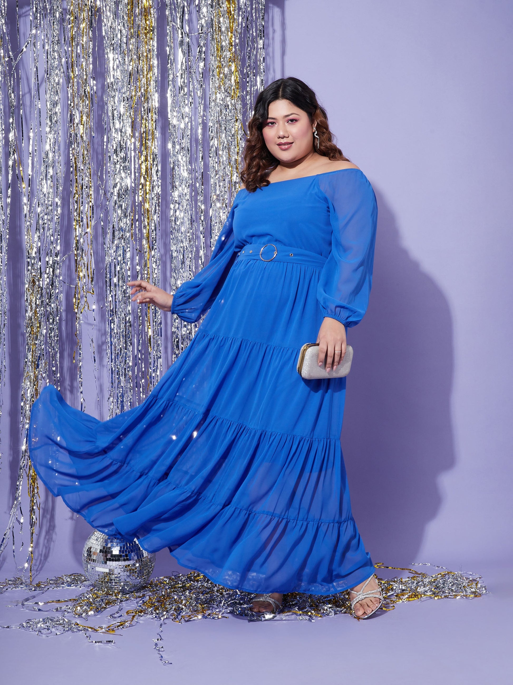 Blue Off Shoulder Tiered Maxi Dress-SASSAFRAS Curve