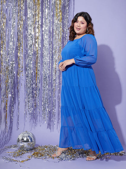 Blue Off Shoulder Tiered Maxi Dress-SASSAFRAS Curve