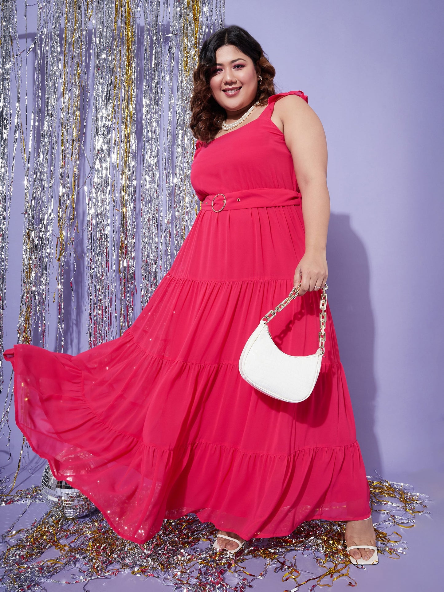 Magenta Strappy Frill Tiered Maxi Dress