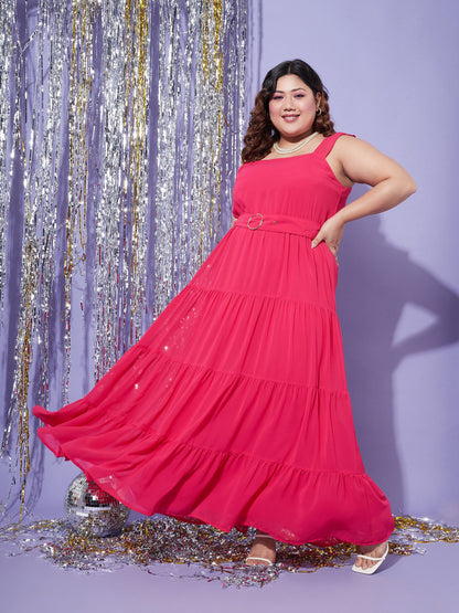 Magenta Strappy Frill Tiered Maxi Dress