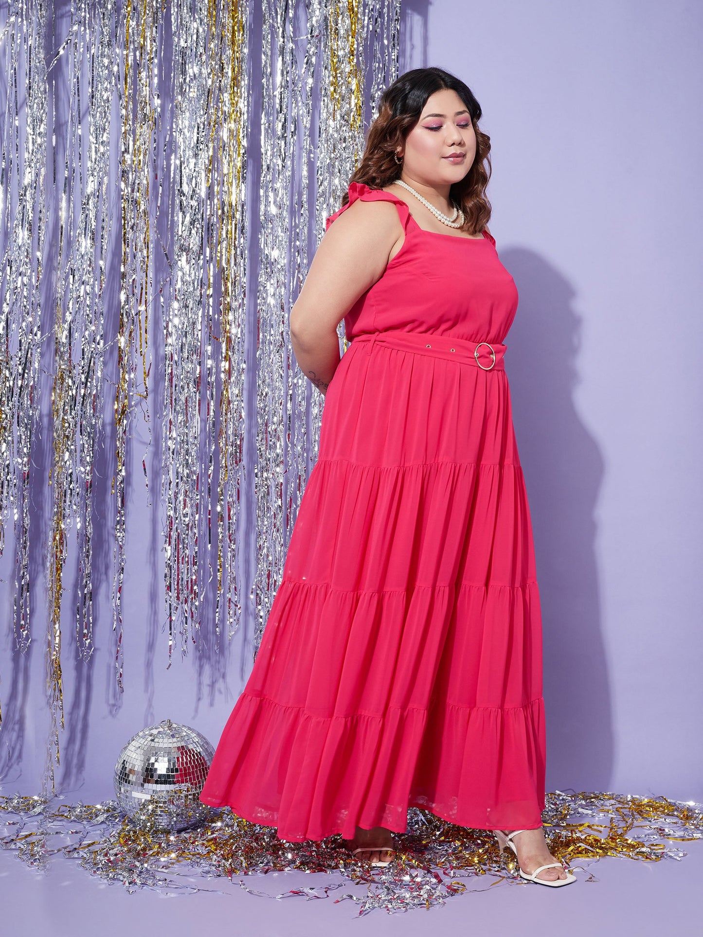 Magenta Strappy Frill Tiered Maxi Dress