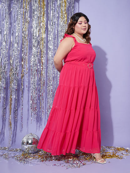 Magenta Strappy Frill Tiered Maxi Dress