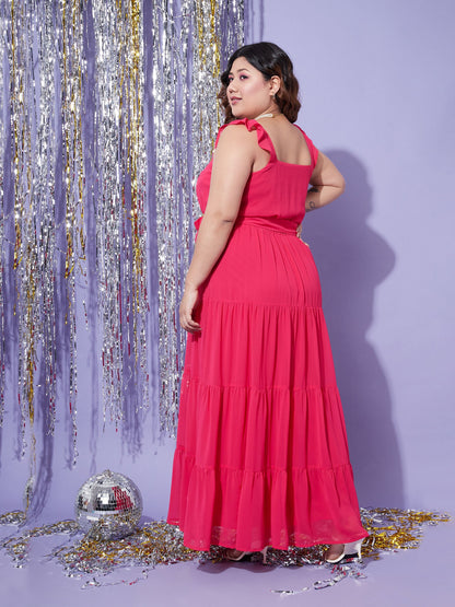 Magenta Strappy Frill Tiered Maxi Dress