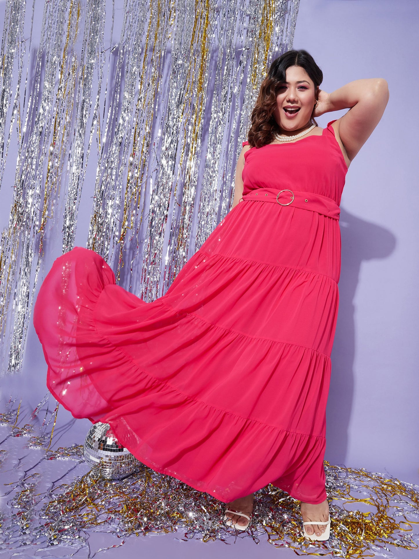 Magenta Strappy Frill Tiered Maxi Dress