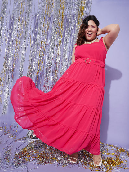 Magenta Strappy Frill Tiered Maxi Dress