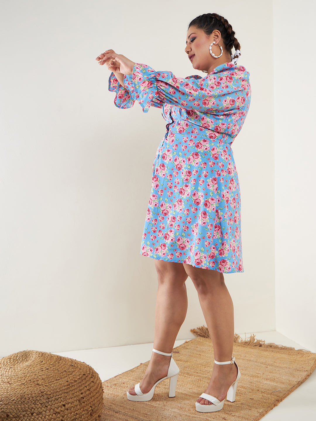 Blue Floral Empire Waistband Front Button Dress