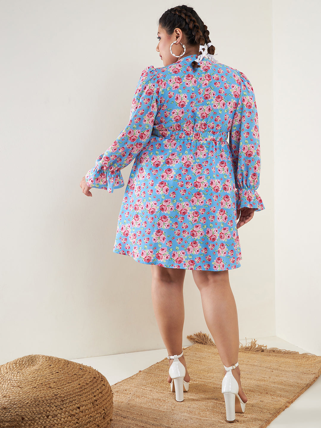 Blue Floral Empire Waistband Front Button Dress