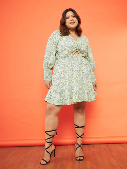 Plus size women's Green Rivera Crepe Green Floral Smocked Sleeves Cut-Out Skater Dress by Sassafras Curve for wholesale buyers, boutiques, resellers