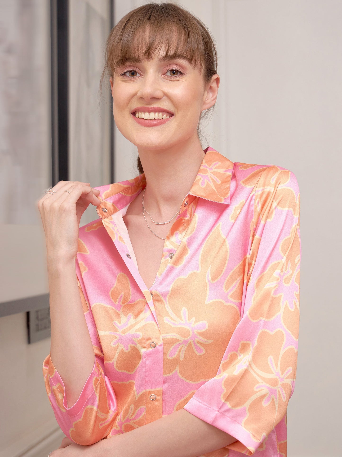 Pink Satin Tropical Print Shirt Dress