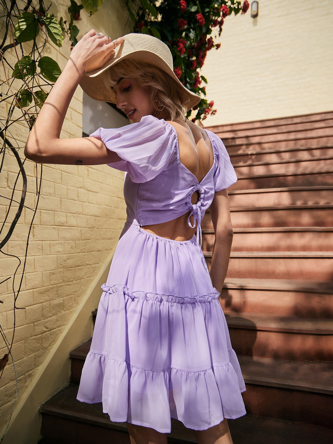 Women's Women Lavender Sweetheart Neck Short Skater Dress in Georgette by Sassafras for wholesale, bulk, supplier, manufacturer and wholesaler buyers from Trendphoria