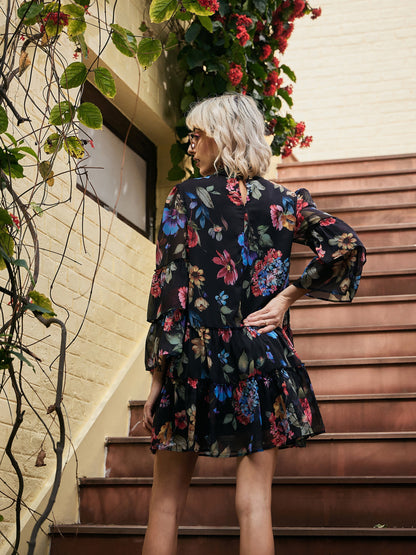 Women Black Chiffon Floral Choker Dress