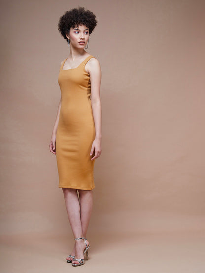 Brown Rib Square Neck Midi Dress