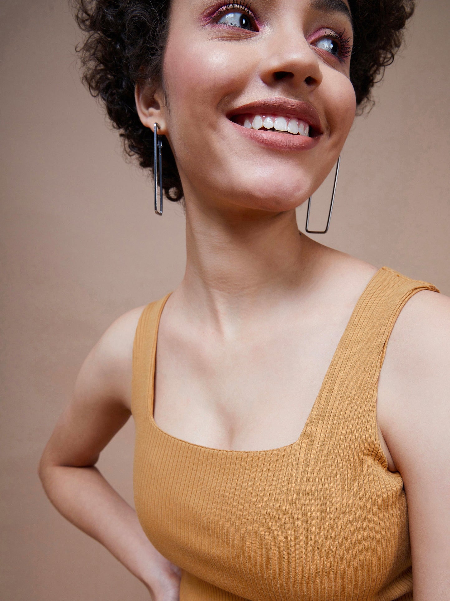 Brown Rib Square Neck Midi Dress