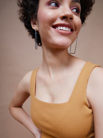 Brown Rib Square Neck Midi Dress
