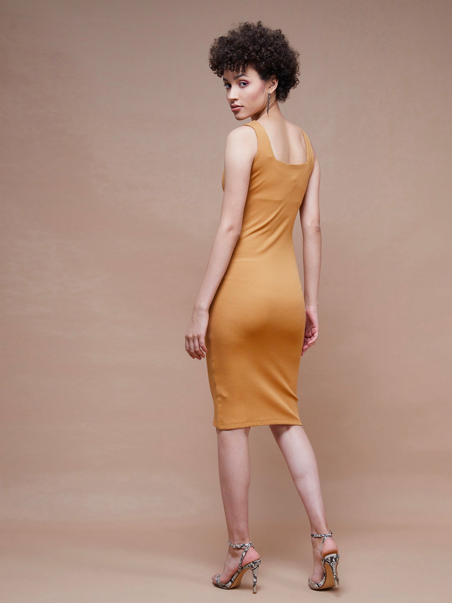 Brown Rib Square Neck Midi Dress