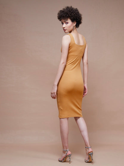 Brown Rib Square Neck Midi Dress