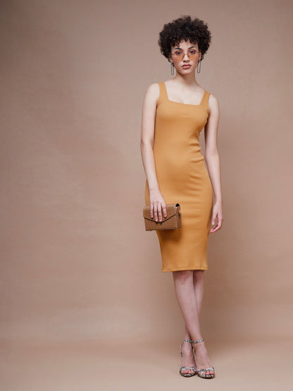 Brown Rib Square Neck Midi Dress