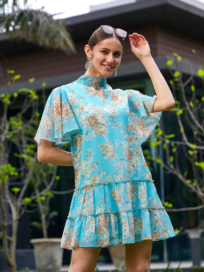Turquoise Floral Tiered Short Dress