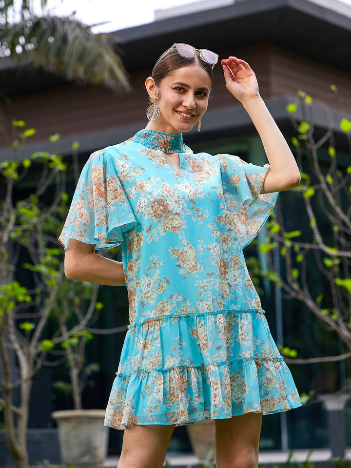 Turquoise Floral Tiered Short Dress