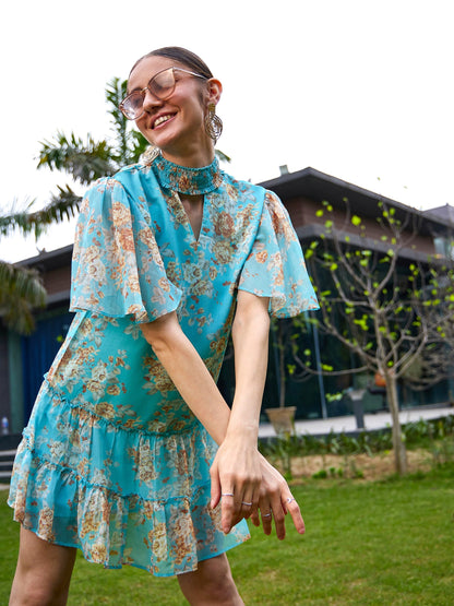 Turquoise Floral Tiered Short Dress