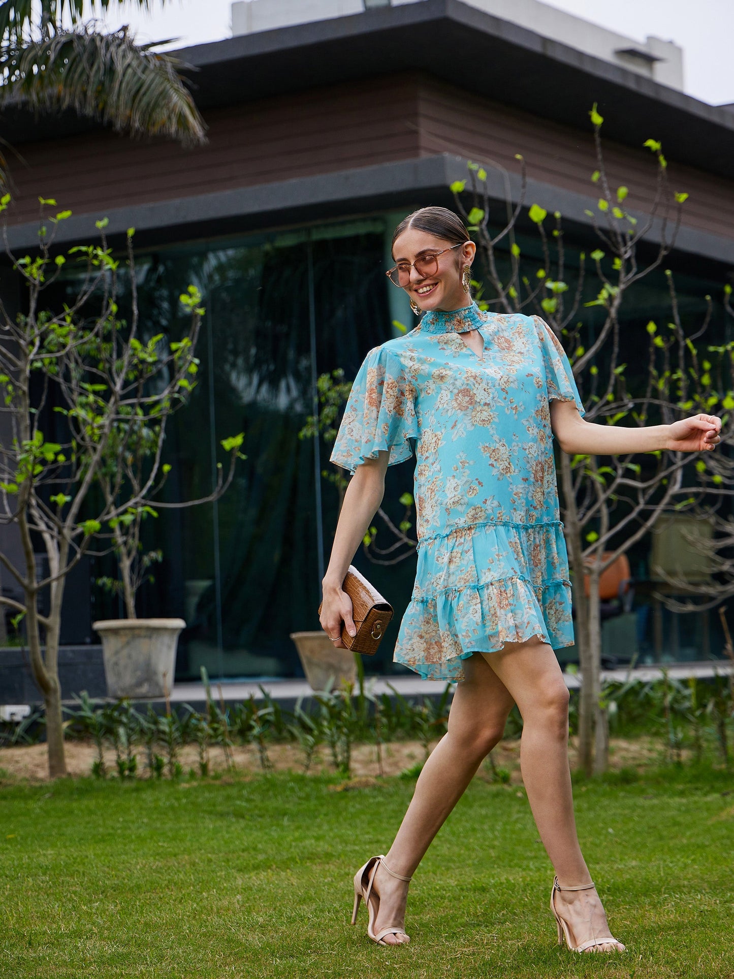 Turquoise Floral Tiered Short Dress