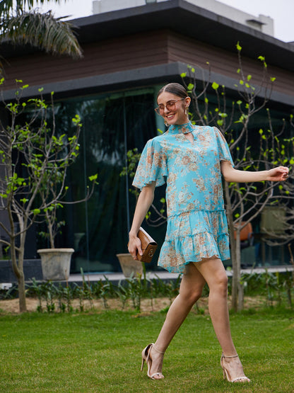Turquoise Floral Tiered Short Dress