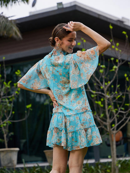 Turquoise Floral Tiered Short Dress