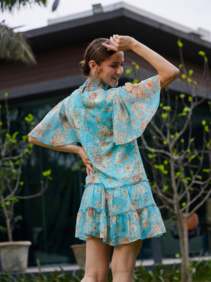 Turquoise Floral Tiered Short Dress