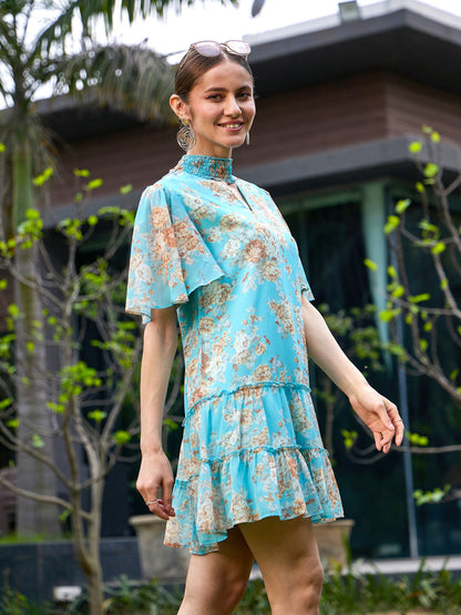 Turquoise Floral Tiered Short Dress