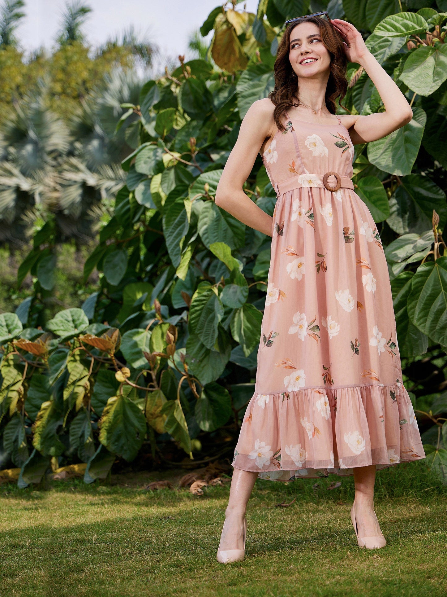 Nude Floral Belted Strappy Maxi Dress